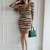 Graduation Gift Big Sale  New Autumn 2 Piece Suit Ladies Winter Knitting Striped Korea Long Sleeve V Neck Tops and Mini Skirt Sexy Set for Women Clothing