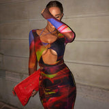 Kukombo Cyber Monday Sales Summer Casual Bodycon Slim Tight Dress Tie Dye Printed Long Sleeve Hollow Out Maxi Dresses For Women Party Club Vestido De Mujer