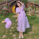 Kukombo Hstar French Square Neck Puff Sleeve Dress Women Mesh Bow Loose Long Summer New Purple Dresses Female Traf Платье Женское Robe