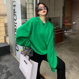 Thanksgiving Gift Korean Fashion Green Oversize Pullover Sweatshirt Women Harajuku Long Sleeve Solid Hoodies Female Streetwear Top Spring