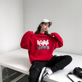 Kukombo Fleece Pullover Crewneck Sweatshirt Women Oversized Vintage Outfit Korean Style 90S Streetwear Winter Autumn Red Hoodie Women