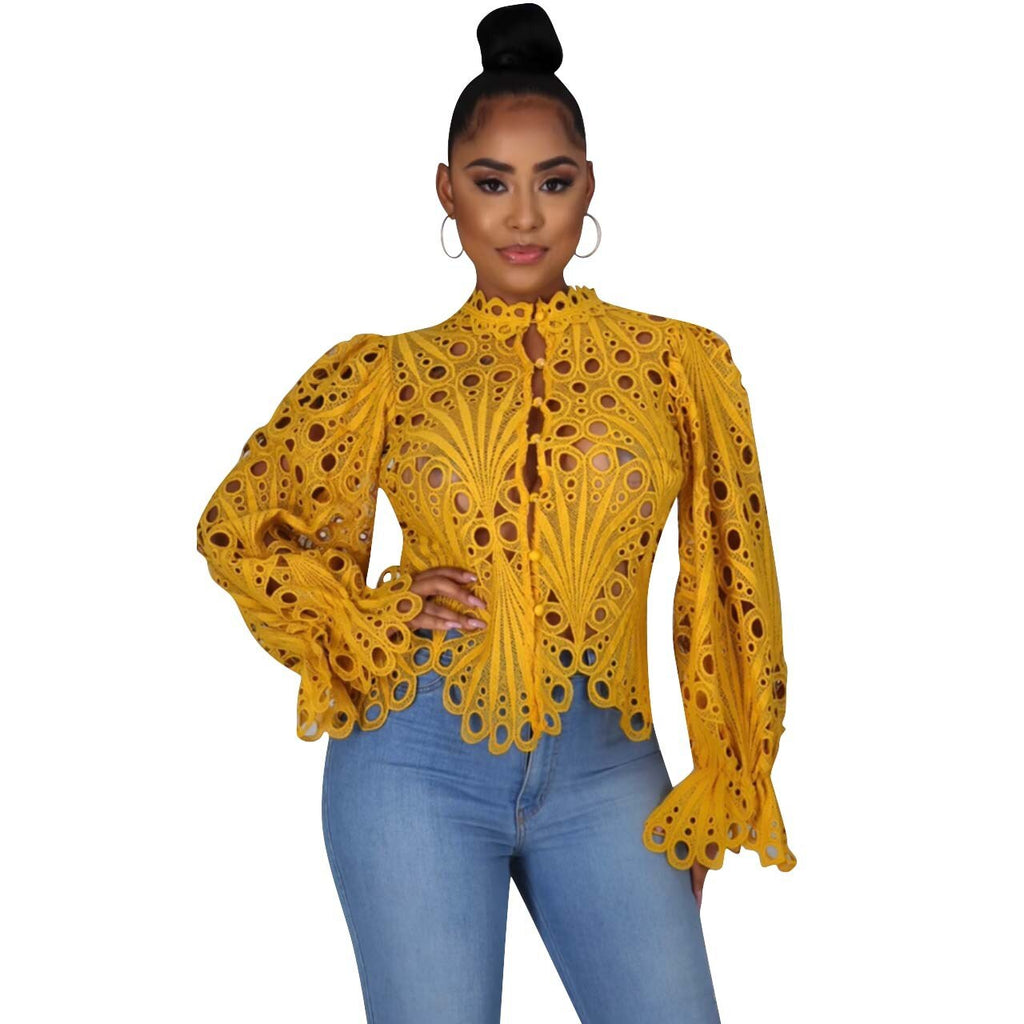 Kukombo Puff Long Sleeve Top Women Blouses Elegant Sexy Casual Lace Crop Tops Shirt Office Lady Luxury Club Party Fall Clothes