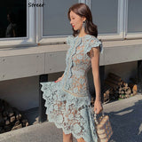 Kukombo Vintage Lace Women's Dress Blue Green High Waist Irregular Mini Dress Vestido Woman Short Sleeve Runway Sexy Party Bodycon