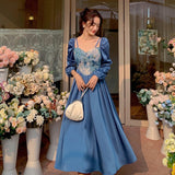 Kukombo French Vintage Palace Dress Women Elegant Dresses Vintage Oli Printing Floral Long Sleeve Long Dress Temperament Vestidos