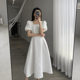 Kukombo French Vintage Elegant Loose White Dress Women Aesthetic Puff Sleeve Dresses Office Lady One Piece Dress Korean Fashion