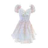 Kukombo Back to school outfit French Vintage Mini Dress Women Kawaii Clothing Lolita Dress Even Party Female Summer Short Sleeve Fairy Floral Dress Chic
