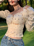 Kukombo 2022 Summer Sexy Party Floral Blouse Women Elegant Bodycon Chic Beach Casual Tops Female Lace Korean Boho Holiday Chiffon Blouse