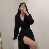 Kukombo Chic Slim Waist Shirt Dress Woman Clothes Single-Breasted Sexy Split Long Dresses Female Korean Khaki Black 2022 Spring Clothing