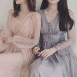 Kukombo Spring Women Dress V-Neck Puff Sleeve Mesh Midi Dress Vestidos De Mujer Casual Pink Sweet Lace Fairy Dress Elegant Long Dresses