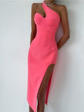 Kukombo New Women Sexy One Shoulder Crystal Diamonds Black Pink Midi Bodycon Bandage Dress 2023 Elegant Split Evening Party Dress