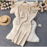 Kukombo Women Elegant Slim Two Piece Sets Female Sweater Dress Autumn Winter High Waist Knitted Ensemble Femme Medium Long Party Dresses