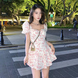 Kukombo  Dresses Women Simple Summer Lovely Print Mini Sexy Girls Soft Puff Sleeve Clubwear Female Ulzzang Street Style Holiday Chic Kpop