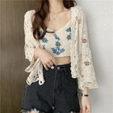 Kukombo Summer Hollow Cardigan Women Japanese New Thin Lace Knitted Jacket Woman Outwear Long Sleeve Cropped Tops