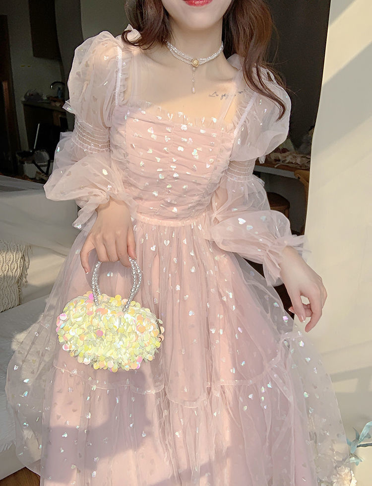 Kukombo Lace Elegant Sequin Fairy Dress Women Pink Patchwork Vintage Party Midi Dresses Female Casual Sweet Princess Kawaii Dress 2022