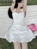 Kukombo 2022 Summer Sexy Straps Dress Women White Casual Sweet Sleeveless Y2k Mini Dress Female Elegant Vintage Korean Beach Party Dress