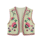 Kukombo Vintage Floral Embroidery Open Waistcoat Women Chic National Style Vest Jacket Casual Patchwork V Neck Vacation Female Crop Tops