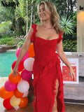 Kukombo Women Vintage High Split Bodycon Red Ruffles Summer Holiday Beach Dress 2023 Sexy Fashion Club Evening Party Dress Hoco Dress