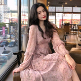 Kukombo Clothing Dresses Vestidos Print Korean Style Fashion New Long Sleeve Autumn Chiffon Pink Women