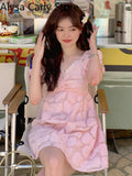 Kukombo Sweet Elegant Fairy Dress Women Summer 2022 Casual Kawaii Party Mini Dress Female Lace Puff Sleeve Evening Korean Fashion Dress