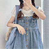 Kukombo  Kawaii Strap Denim Short Dress Girls Overalls Summer Fashion High Waist Jeans Clothes Vintage Bow Casual Sleeveless Doll Dresses