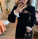 Kukombo Vintage Lace Up Balck Velvet Princess Dress Y2k Sexy Hollow Out Beading Elegant Evening Party Dresse One Piece Dress Korean