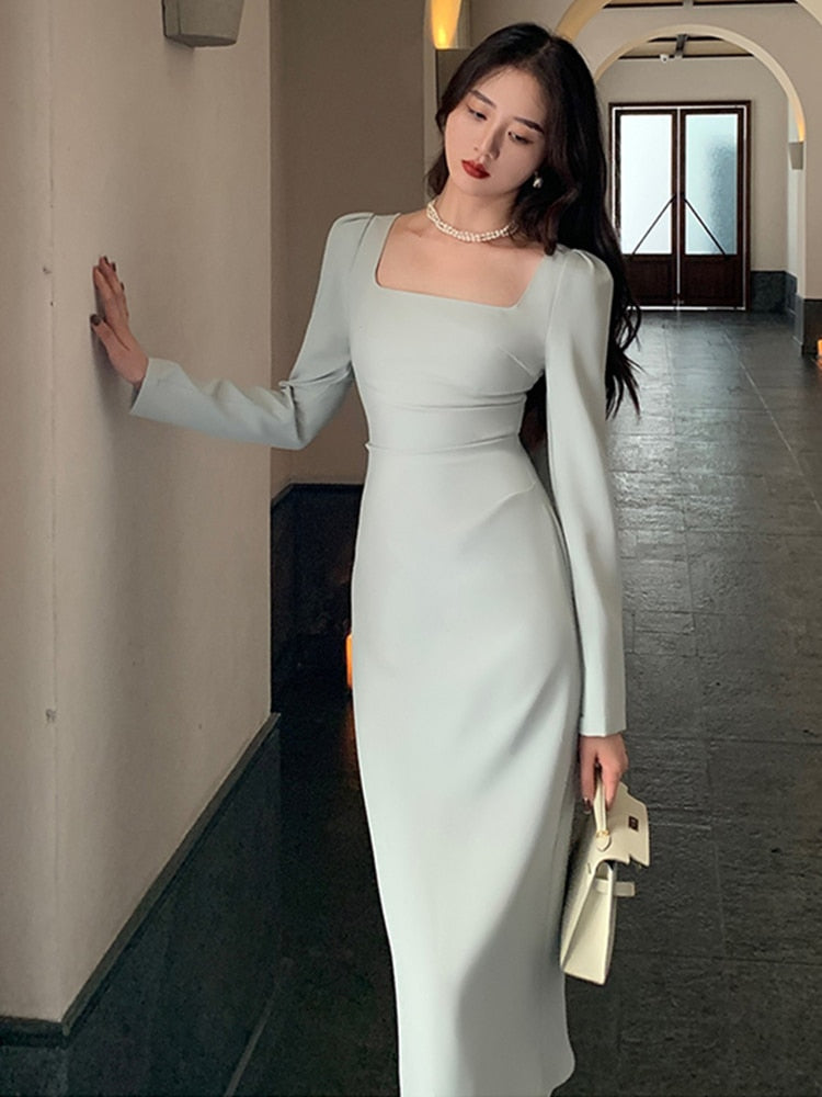 Kukombo Bodycon Midi Dress Spring Summer 2023 New Elegant Fashion Office Lady Long Sleeves Solid Color Women Slim Party Clothes Dresses