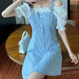 Kukombo Korean Style Denim Two Pieces Dress Women Off Shoulder Single Breasted Button Slim Y2k Mini Dresses Summer Kawaii Clothes