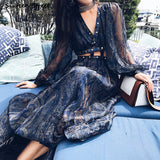 Kukombo Boho Vacation Dress Woman Summer V-Neck Long Lantern Sleeve Dark Blue Chiffon Vestido Woman Dresses Rivets Beach Maxi Dress 2022