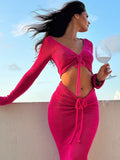 Kukombo Autumn Two Piece Skirt Set Women V Neck Long Sleeve T-shirt And Long Skirt Ladies Skirt Sets Pink Hoco Dress