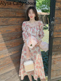 Kukombo Chiffon Floral Vintage Dress Women Ruffles Korean Split Long Fairy Dress Female 2022 Summer Casual Elegant Beach Party Dresses