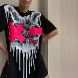 Kukombo 2022 Summer O Neck Y2K Print T Shirts Women Loose Fashion Casual Short Sleeve Graphic Black Top Tee Trendy Oversized