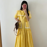 Kukombo Back to school outfit Long Dress Women Summer Korean Chic Sweet Navy Collar Contrast Color Stitching Short-Sleeved Double-Pocket Vestidos