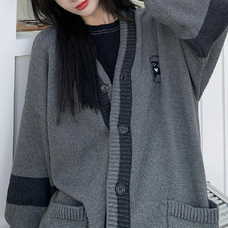 Thanksgiving Gift Korean Style Grey Solid Cardigan Sweater Women Preppy Fashion V-Neck Oversize Knitted Jumper Female Fall Streetwear Top