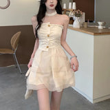 Kukombo Sweet Fairy Corset Mini Dress Women Casual Lace Strapless Dress Even Party Office Lady Elegant One Piece Dress Korea Summer