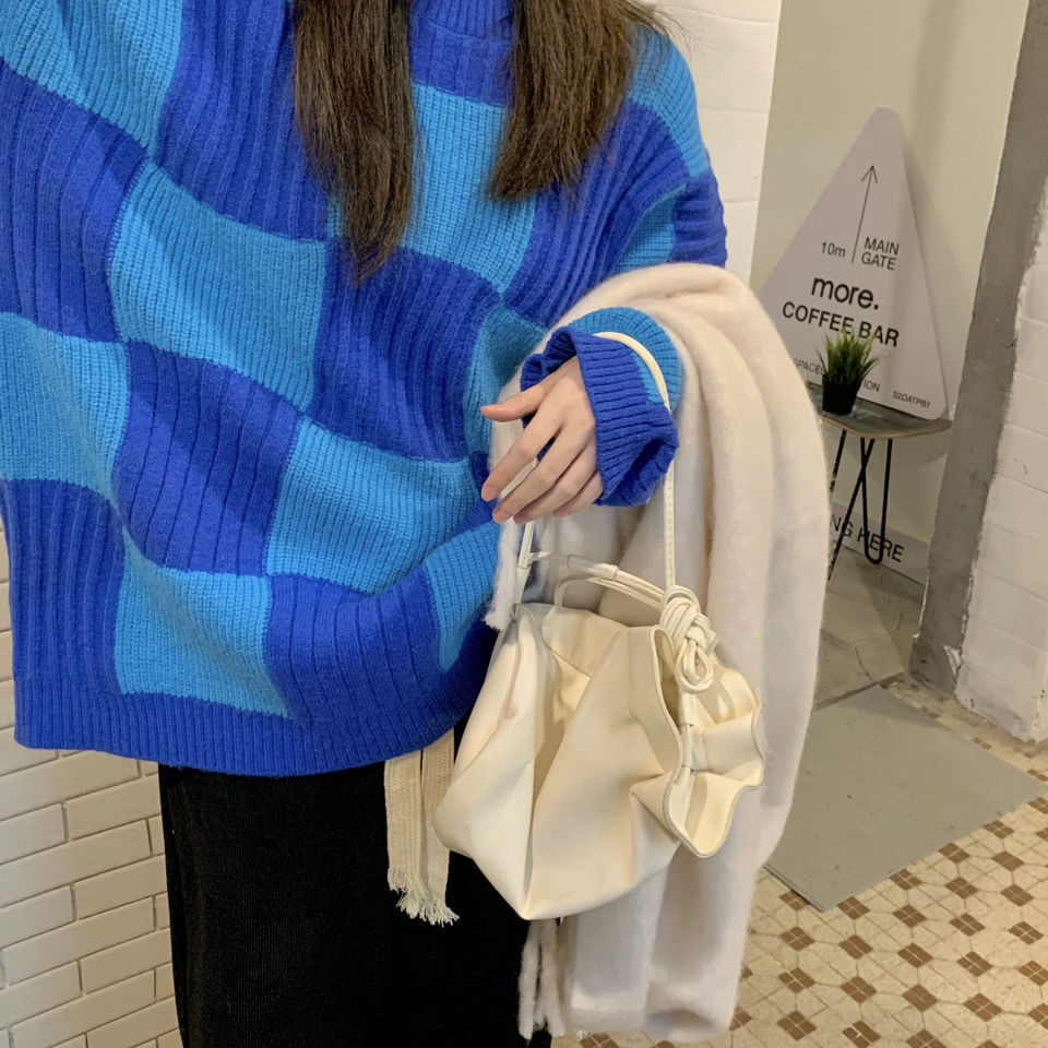 Thanksgiving Gift Korean Fashion Plaid Sweater Oversize Retro Vintage Clothes Autumn Winter Checkerboard Knit Jumper Black Pullover