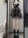 Kukombo Summer Korean Fashion Print Lolita Dress Women Bow Sexy Fairy Y2K Dress Female Casual Vintage Elegant Party Mini Dress 2023 New