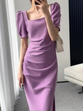 Kukombo Women Summer New Elegant Bodycon French Midi Dress Short Sleeve Slim Vintage Party Vestidos Femme Fashion Solid Clothes Robe