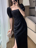 Kukombo New Summer Slim Bodycon Elegant Party Black Dress Women Vintage Casual Split Vestidos Female Chic Robe Clothes Mujers