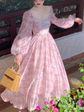 Kukombo French Vintage Long Sleeve Dress Woman Fairy Elegnat Floral Midi Dress Evening Party One Piece Korean Summer Chiffon Beach