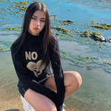 Kukombo Pattern Print Turtleneck Y2K Cropped Tee Women Long Sleeve Fashion Streetwear Top Women Slim Black Casual Autumn 2022