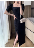 Kukombo New Summer Slim Bodycon Elegant Party Black Dress Women Vintage Casual Split Vestidos Female Chic Robe Clothes Mujers