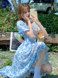 Kukombo Sweet Blue Floral Maxi Dresses For Women Summer New High Waist Irregular Short Sleeve Chiffon Mini Dress Woman