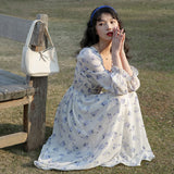 Kukombo 2022 Spring Summer Fashion Sweet Korean Style Chiffon Floral Dress Long Sleeve Square Collar Dress Elegant Casual A-Line Dress