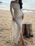 Kukombo Side Slit Folds Maxi Dresses For Women Sexy Hollow Out High Waist Bodycon Dress Holiday Fashion Beach Party Evening Dress