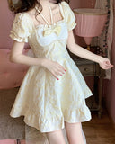 Kukombo 2022 Summer Casual Sweet Party Fairy Dress Women Bow Yellow Floral Elegant Vintage Dress Female Puff Sleeve Retro Princess Dress