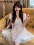 Kukombo Kawaii Vintage Fairy Dress Women 2022 Summer Sweet Lace Floral Elegant Princess Dress Female Casual Boho Korean Party Mini Dress