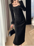 Kukombo Women Fashion Elegant Bodycon Slim Black Dress Long Feather Sleeve Vintage Solid Evening Party Club Vestidos Female Robe New