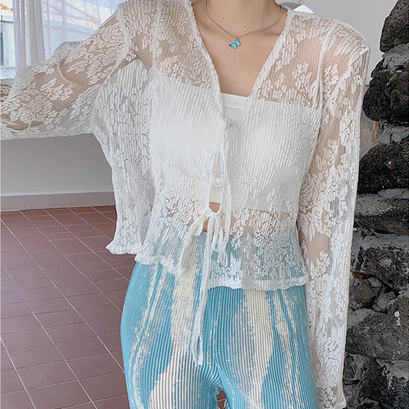 Kukombo Summer Hollow Cardigan Women 2022 Fashion New V-Neck Flare Sleeve Tie Front Crop Tops See Through White Knitted Jackets Female