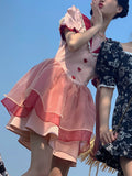 Kukombo Pink Vintage Kawaii Lolita Dress Women Puff Sleeve France Elegant Party Mini Dresses Lace Sweet Cute Princess Dress Summer 2022 K128