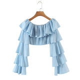 Kukombo Summer Women Cascading Ruffled Long Flare Sleeve Cropped Blouses Ladies Square Collar Casual Slim Fit Shirts Blue White